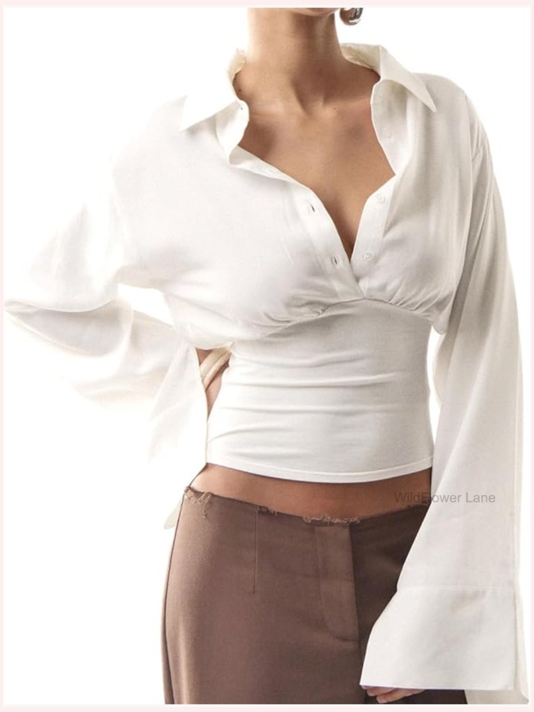 Women's Crop Button Down Long Sleeve Blouse With Cinched Waist